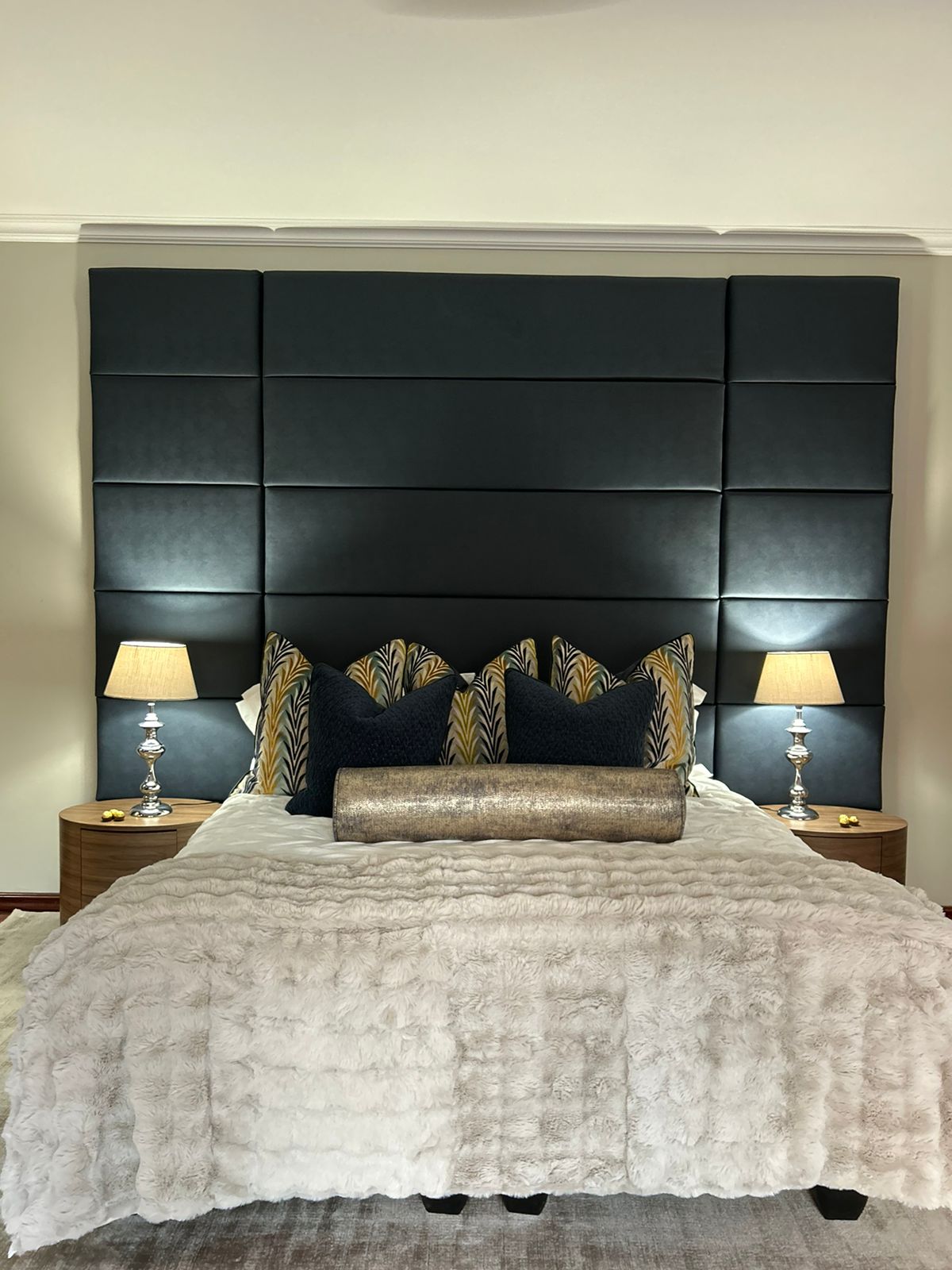 Navy Panelled Headboard Suite