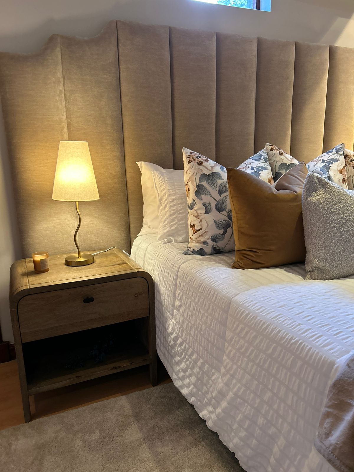 Beige Velvet Channel Headboard Suite